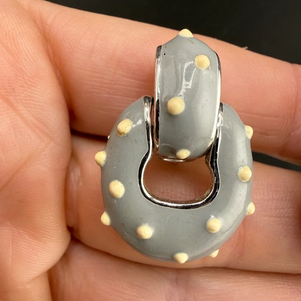 Vintage St John Earrings Grey Cream Studded Enamel Door Knocker Clip On